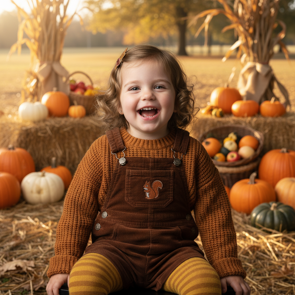 Same child with pumpkin patch background