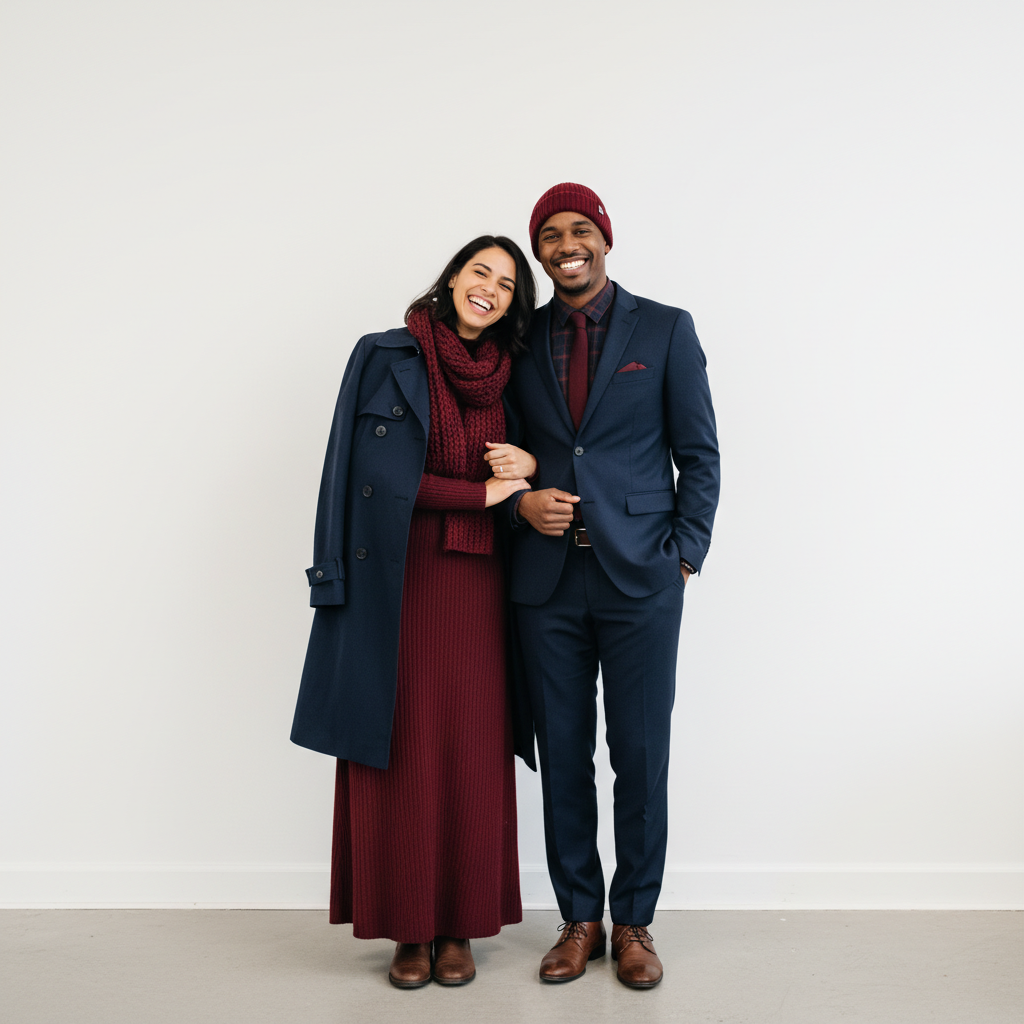 Couple against plain white wall