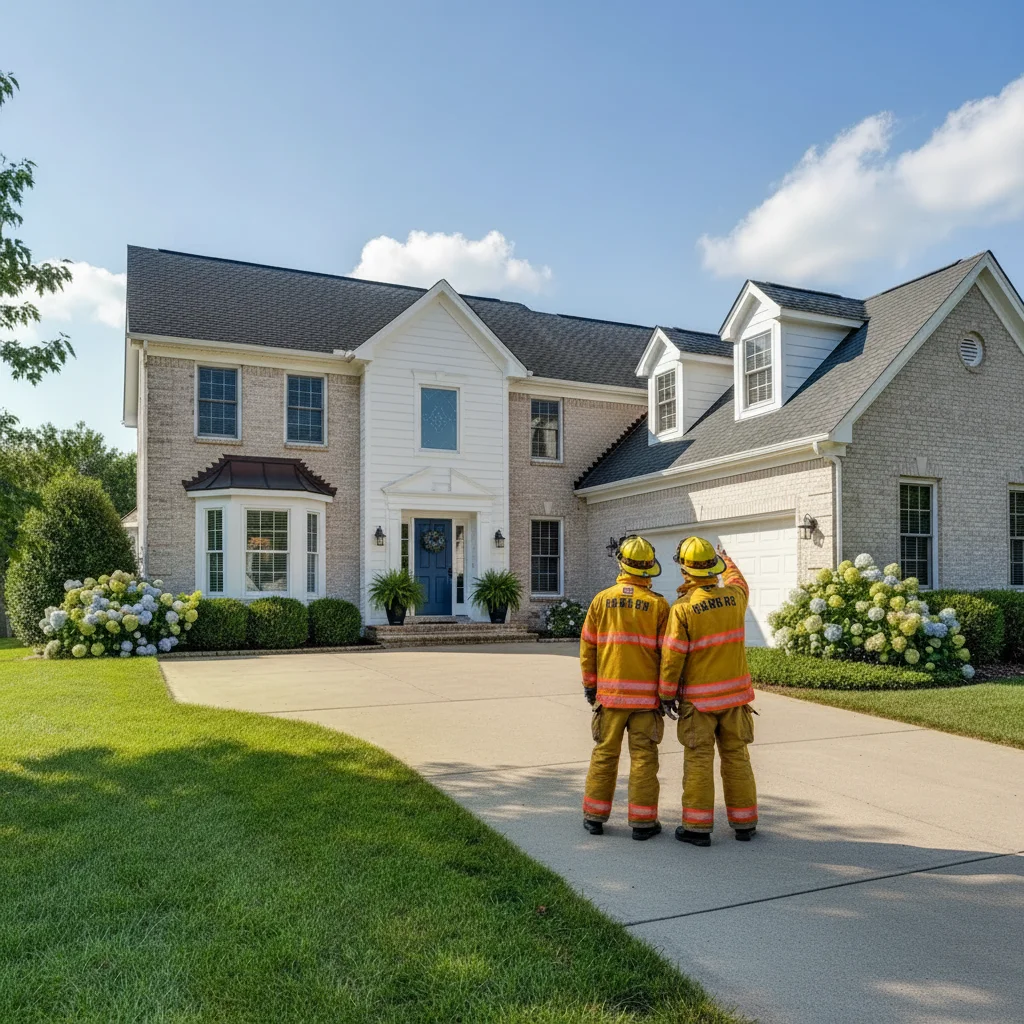 House exterior with AI-added firefighters