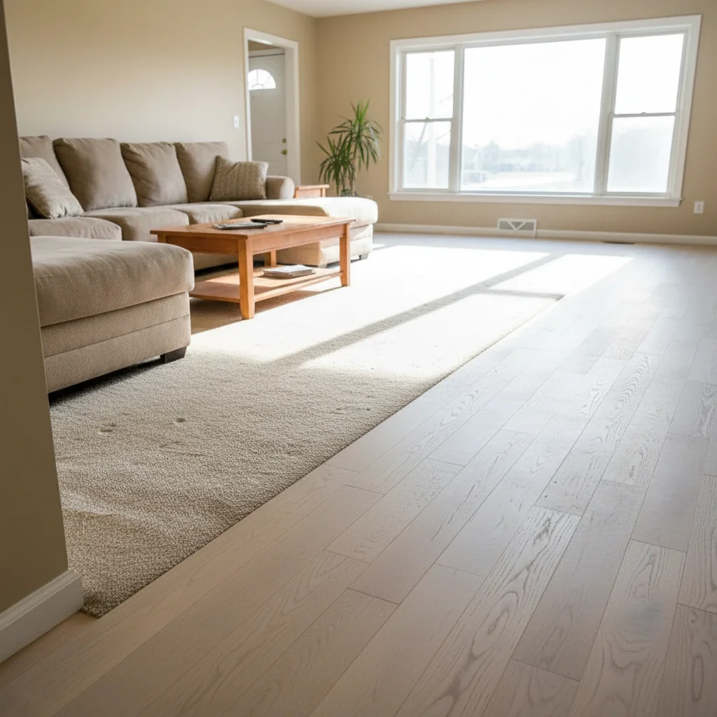 Same living room with wide-plank white oak hardwood applied from flooring sample reference