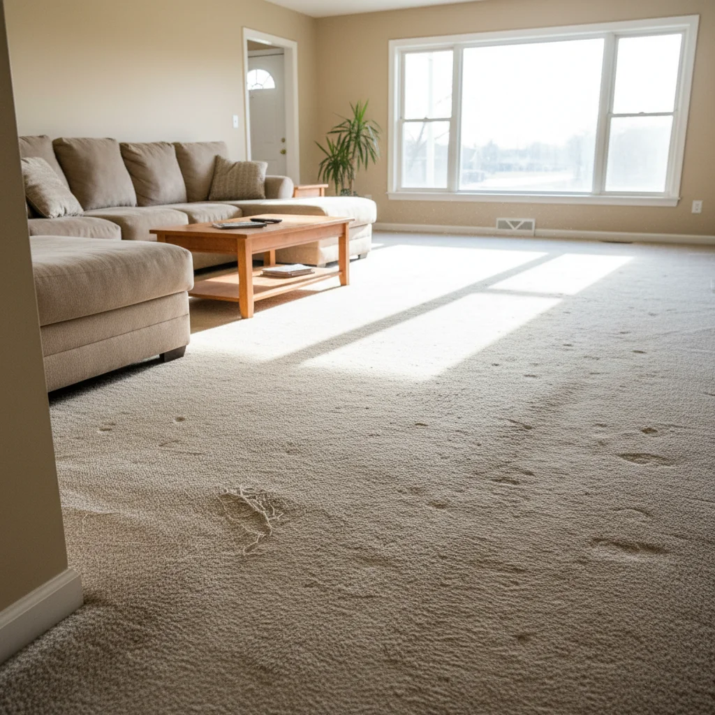 Living room with worn beige carpet showing full floor area ready for replacement