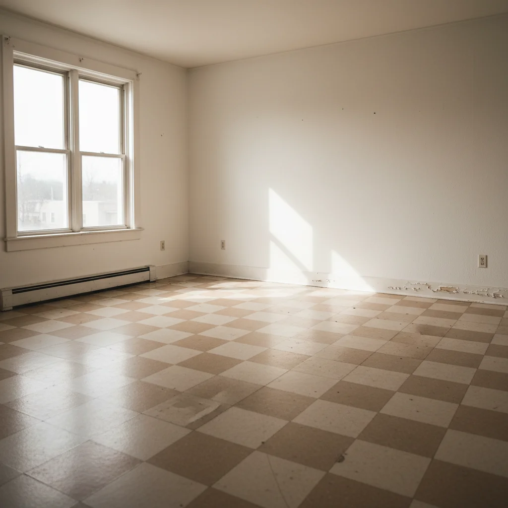 Dated rental apartment with old vinyl tile floor in beige checkerboard pattern