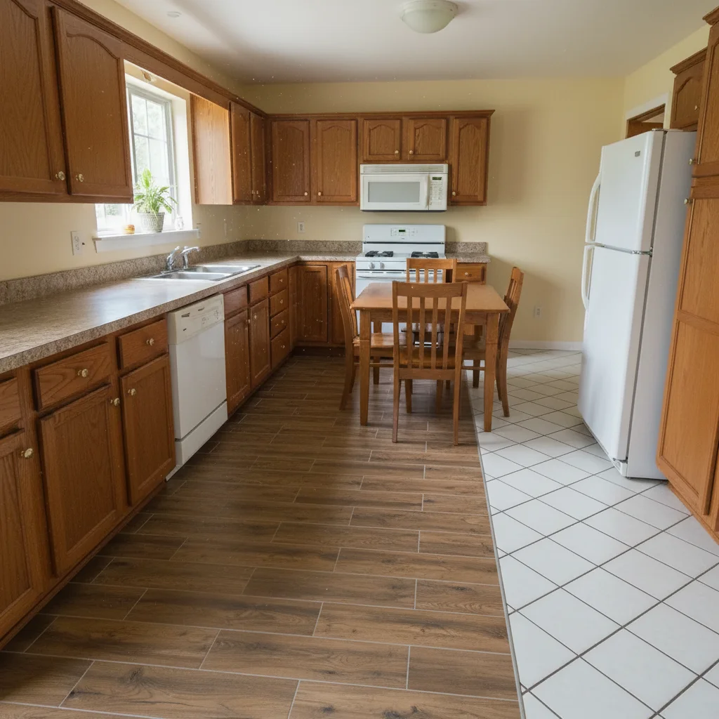 Same kitchen with modern large format tile applied from realtor's reference sample