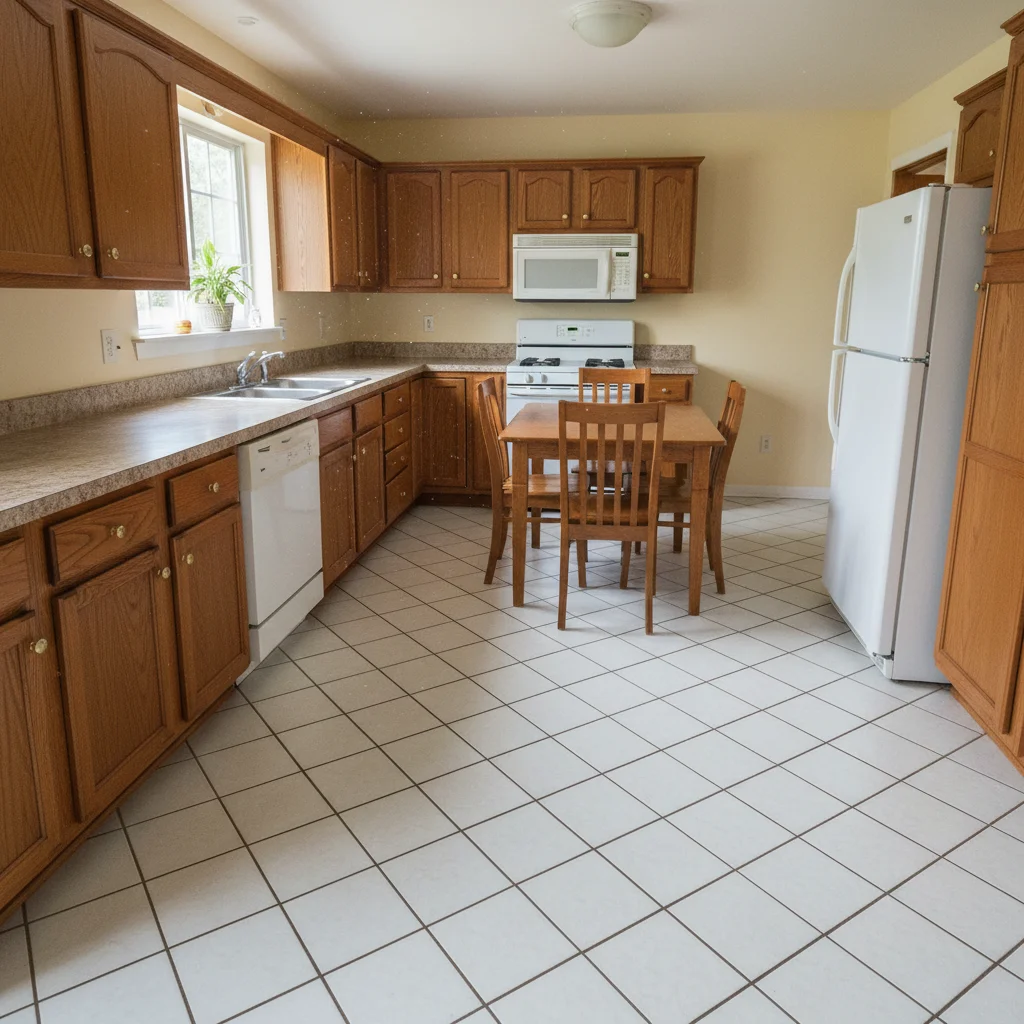 Kitchen with dated 1990s diagonal ceramic tile floor needing modernization