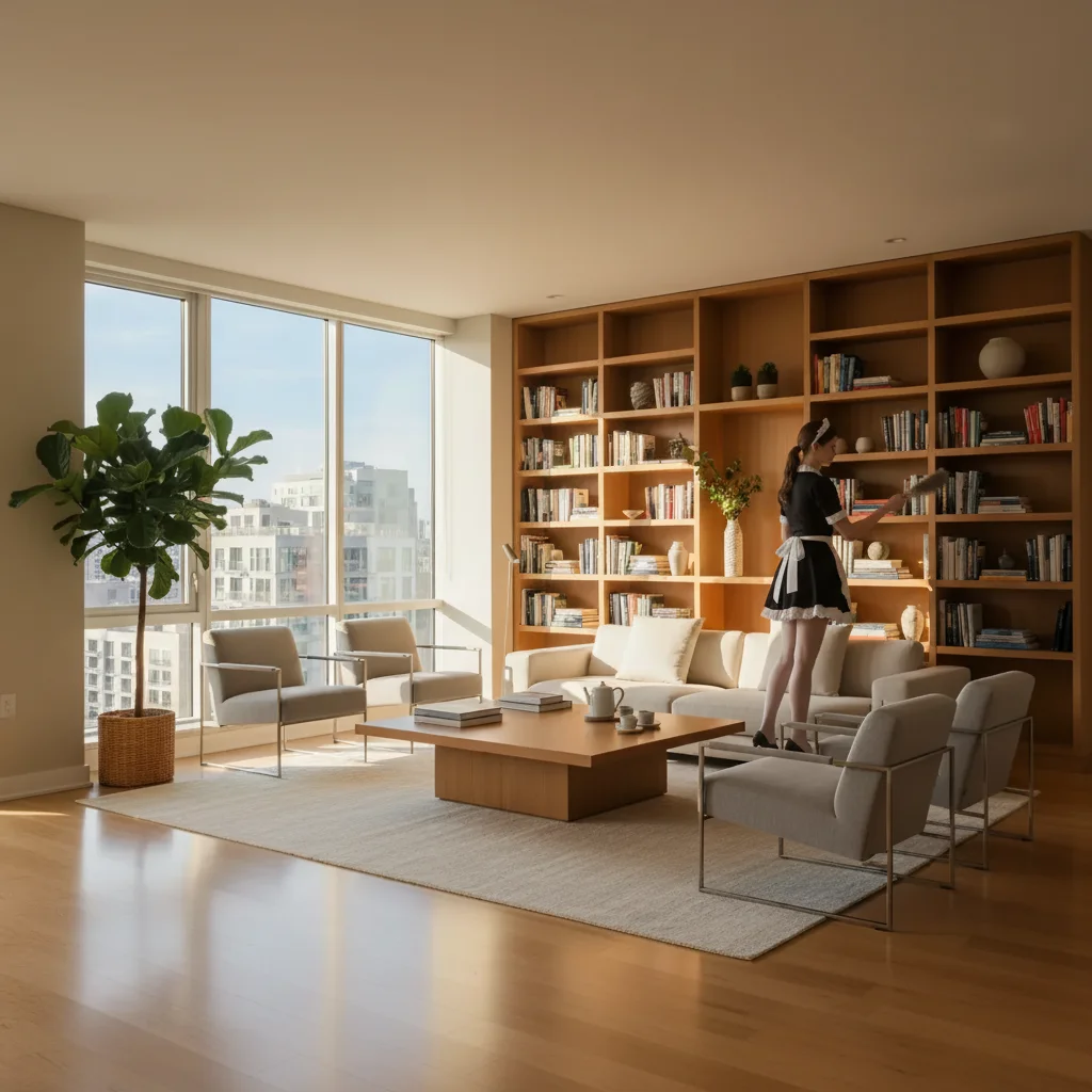 Apartment with AI-added person in maid outfit