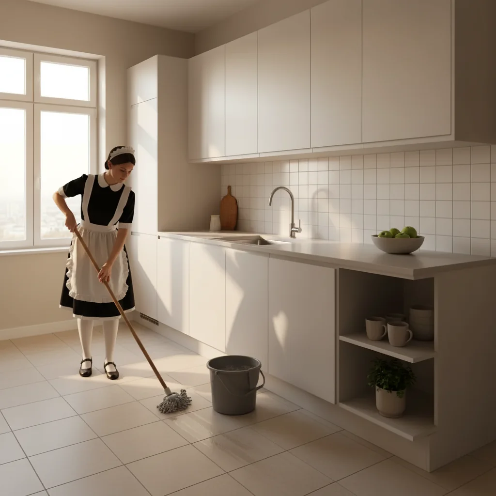 Kitchen with AI-added maid mopping