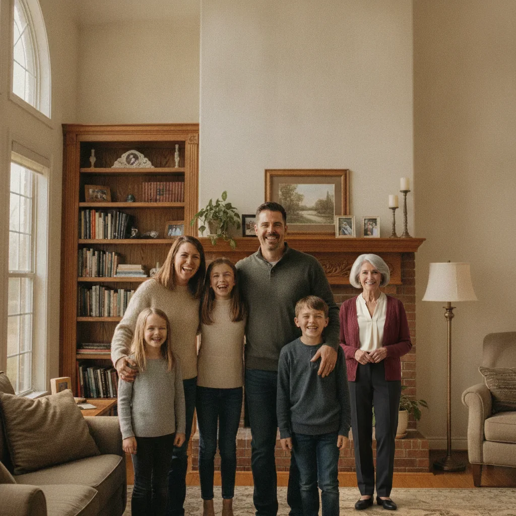 Same living room photo with an older woman added standing at the right, six people total