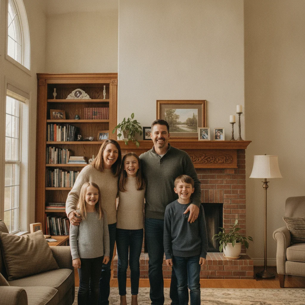 Five people — two parents and three children — standing together in a living room