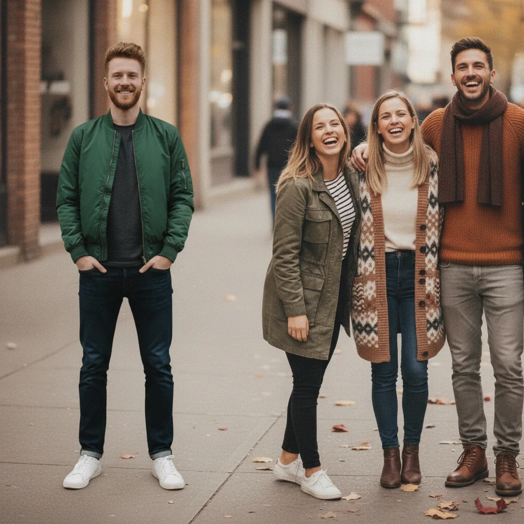 The same street photo with the man from the reference photo added at the left in his green bomber jacket, matched to the group's height and light