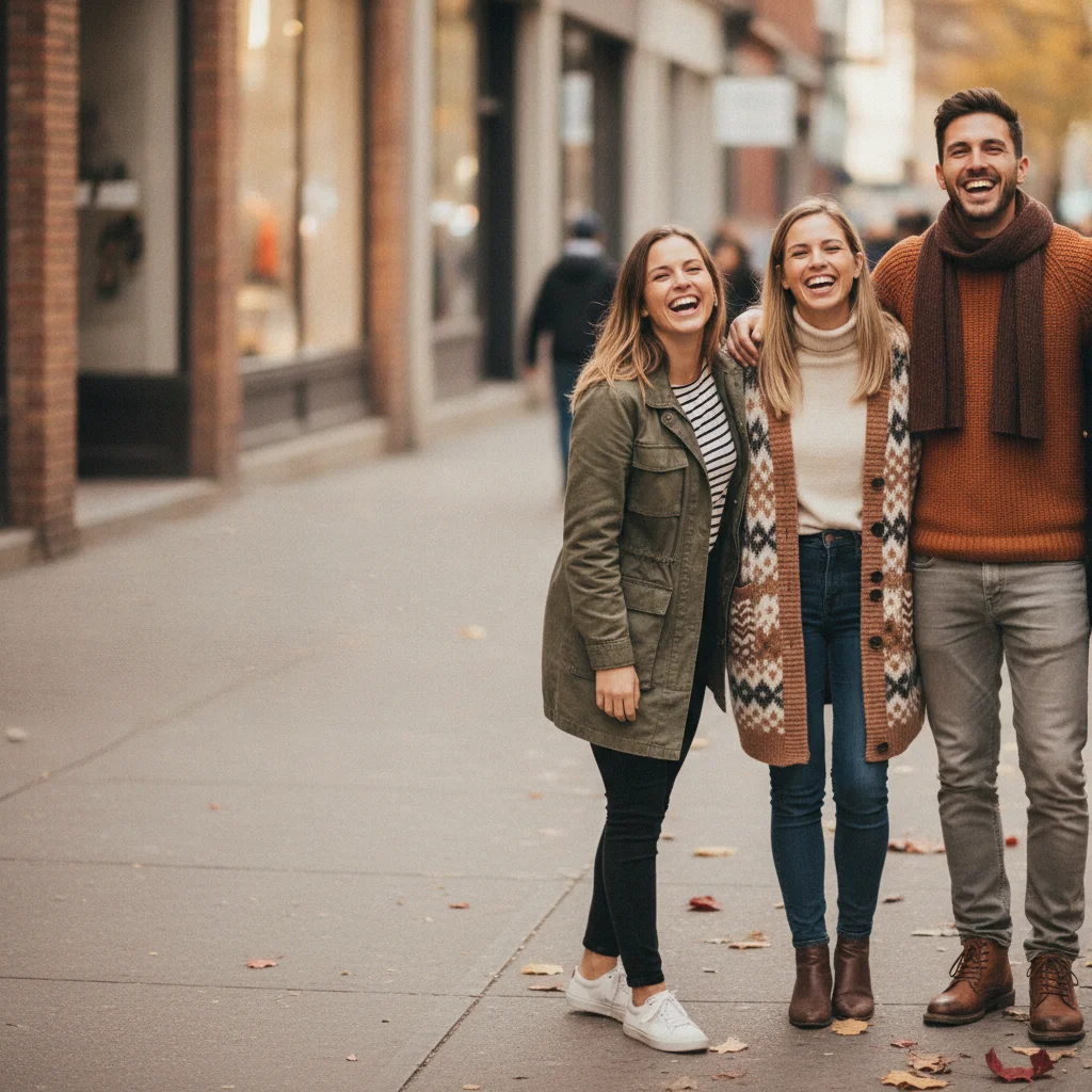 Three friends laughing together on a city street, empty pavement to their left
