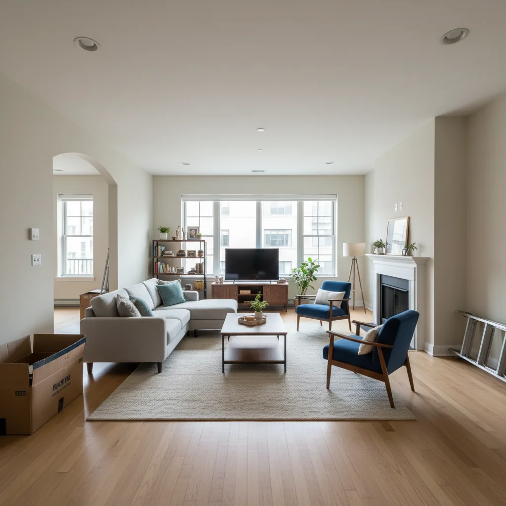 Same space with mid-century modern furniture including credenza and lounge chair