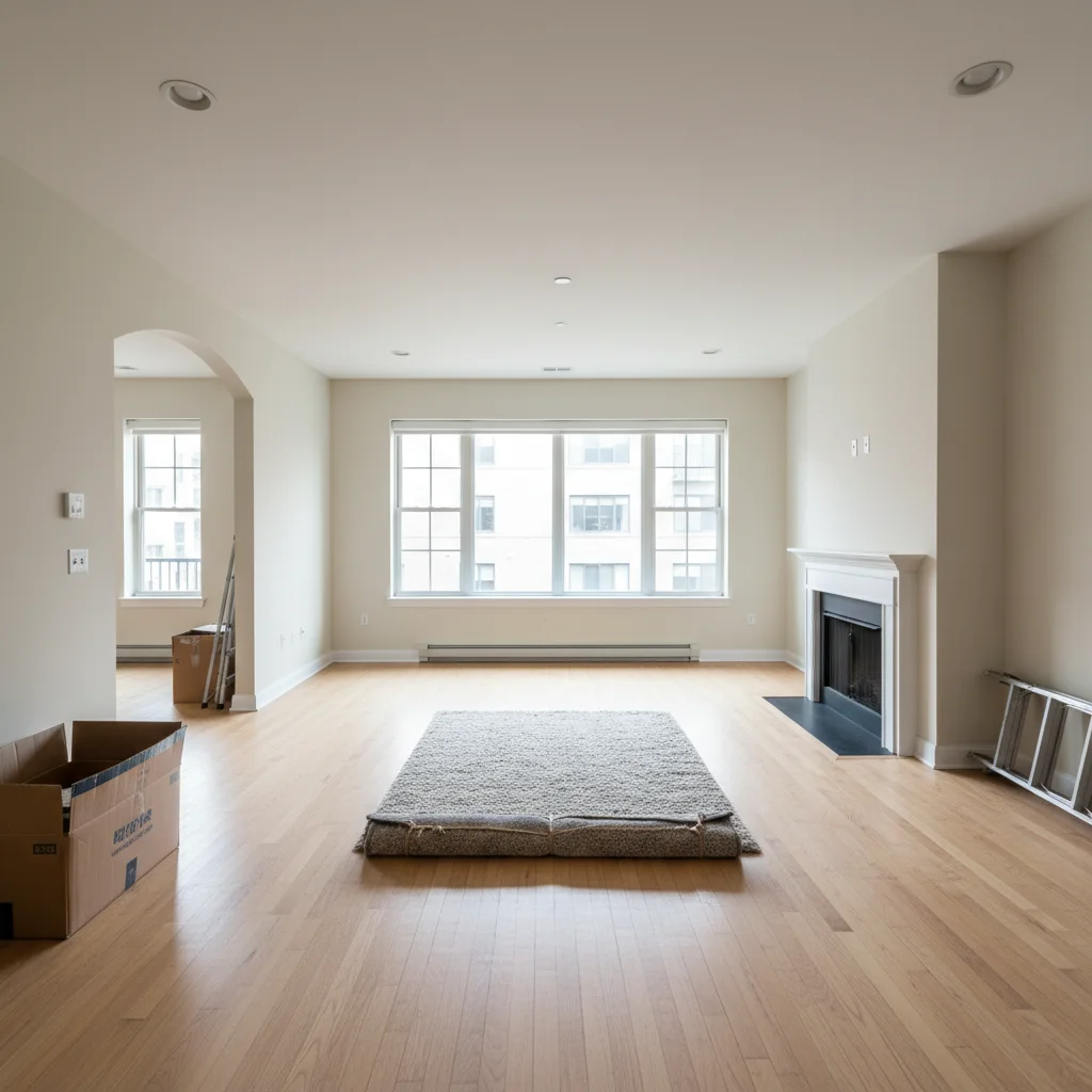 Empty modern living space with concrete floors and tall windows