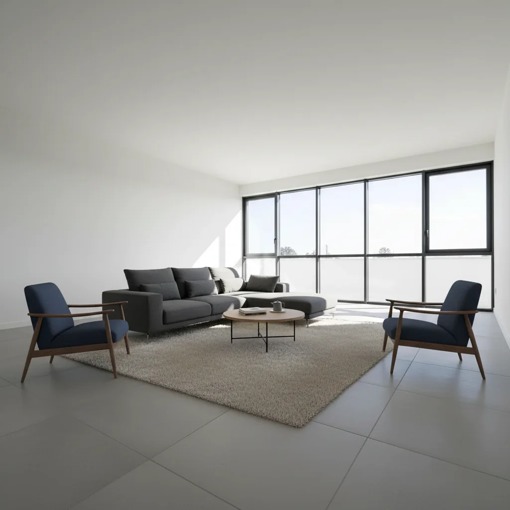 Empty living room fully staged with sectional sofa and complementary furniture by AI