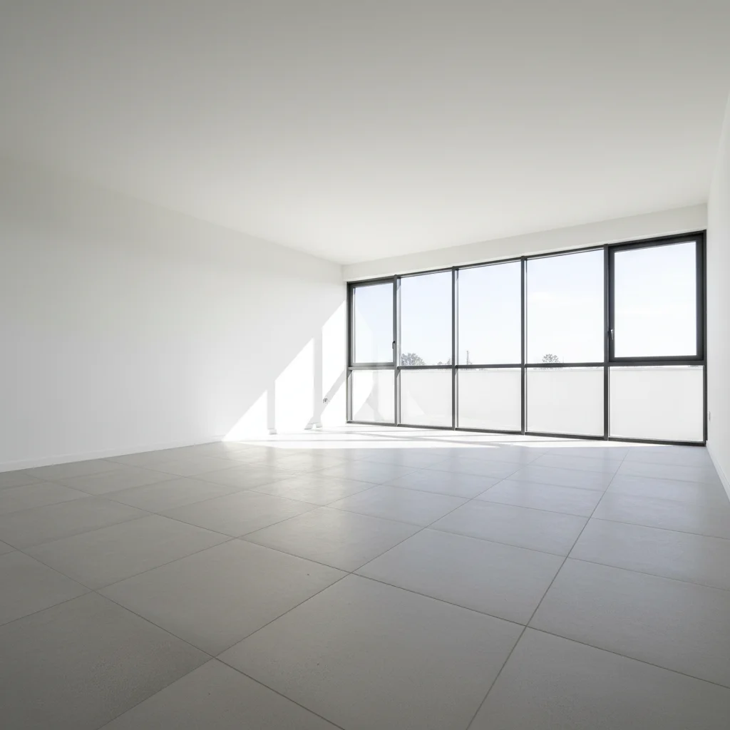Completely empty living room with concrete tile floors and floor-to-ceiling windows