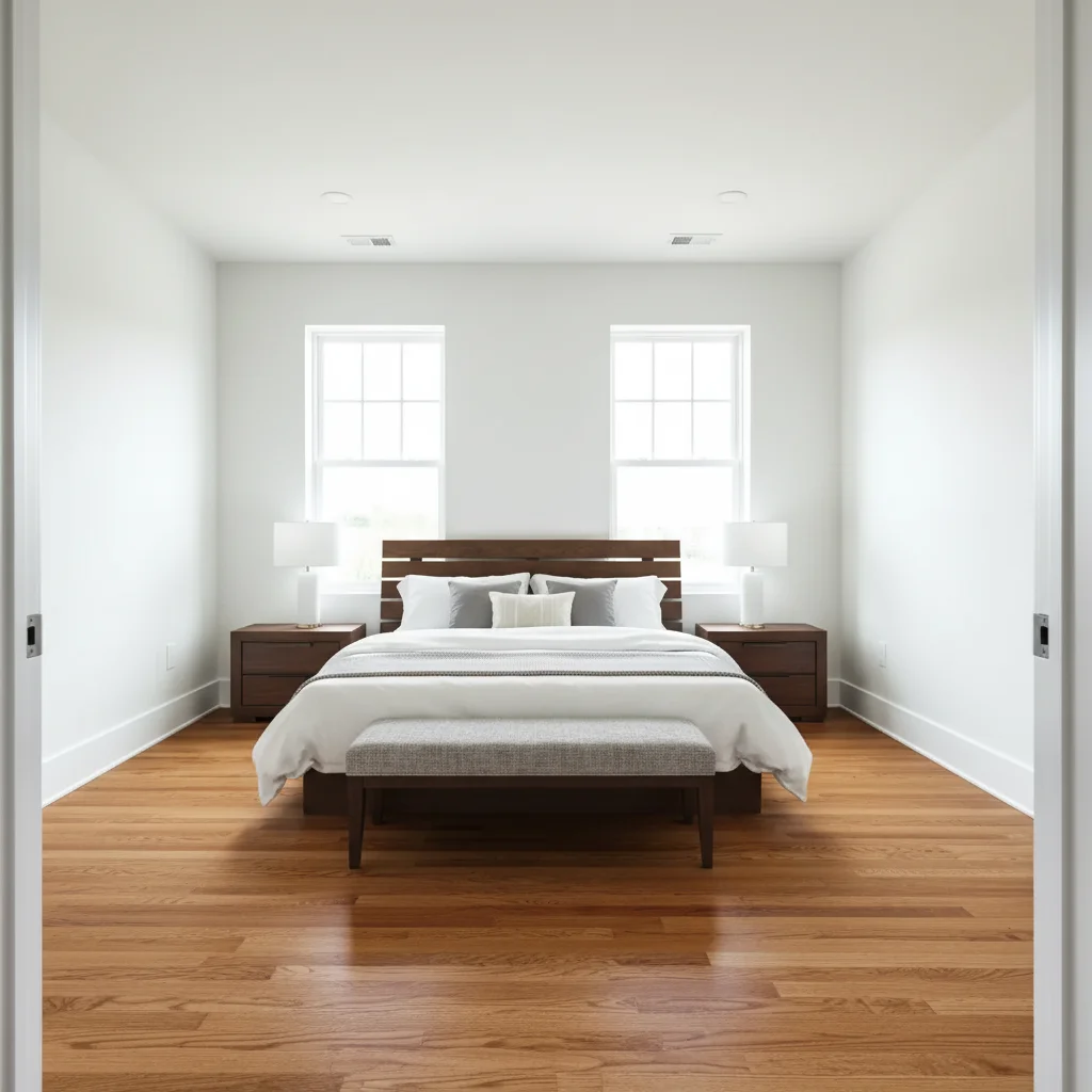 Empty bedroom fully staged with platform bed and complete bedroom furniture by AI