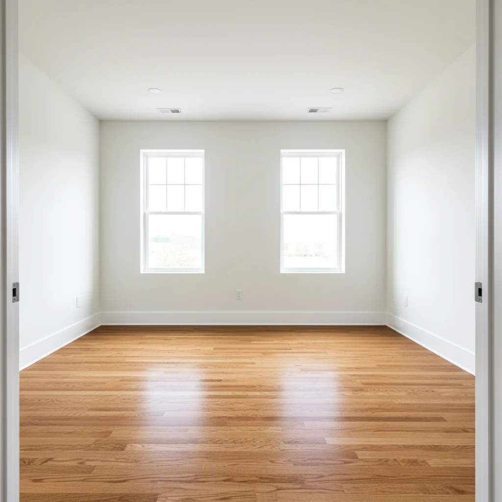 Completely empty master bedroom with hardwood floors and two windows