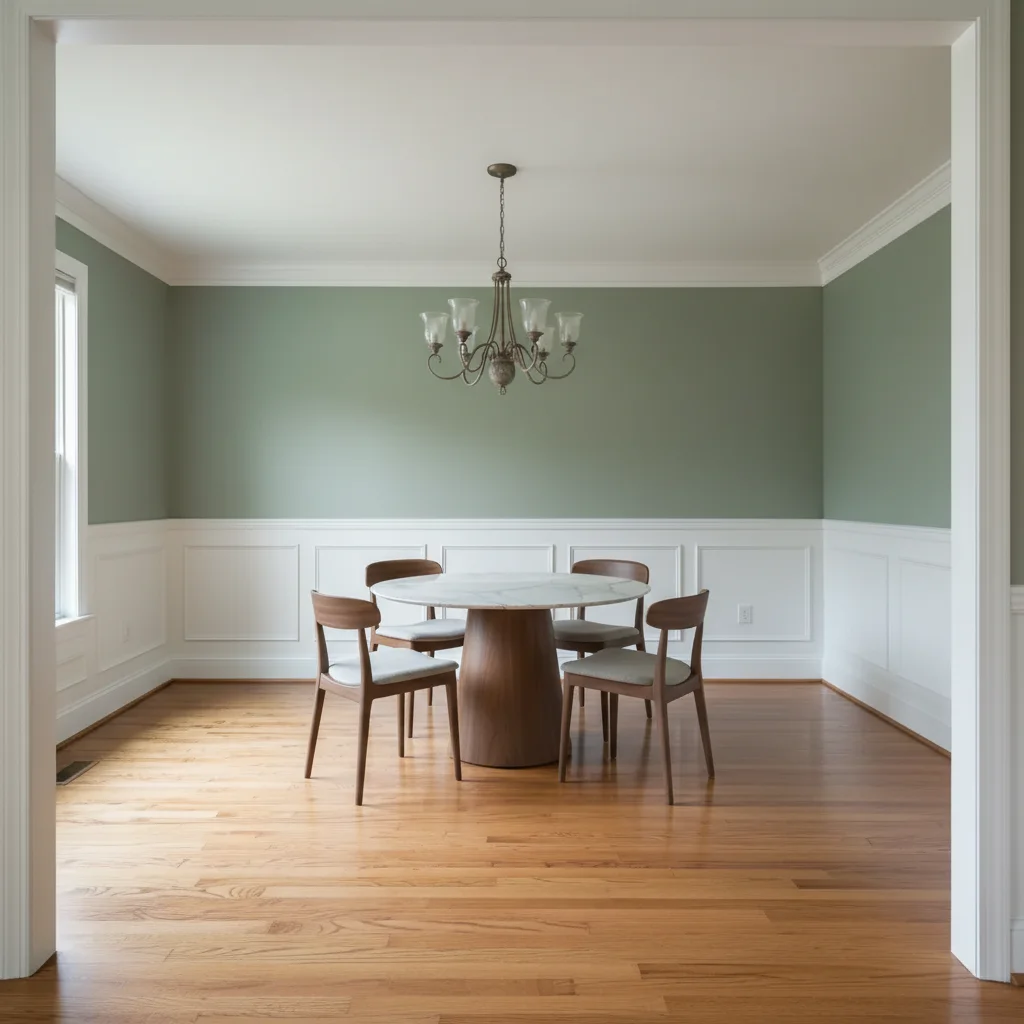 Empty dining room staged with round dining table and chairs by AI