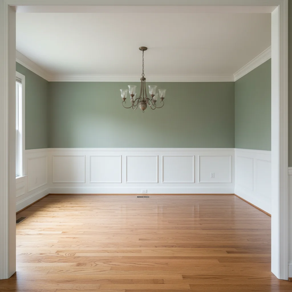 Completely empty dining room with sage green wall and chandelier