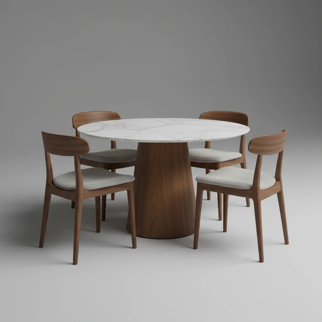 Round marble-top dining table with wood chairs