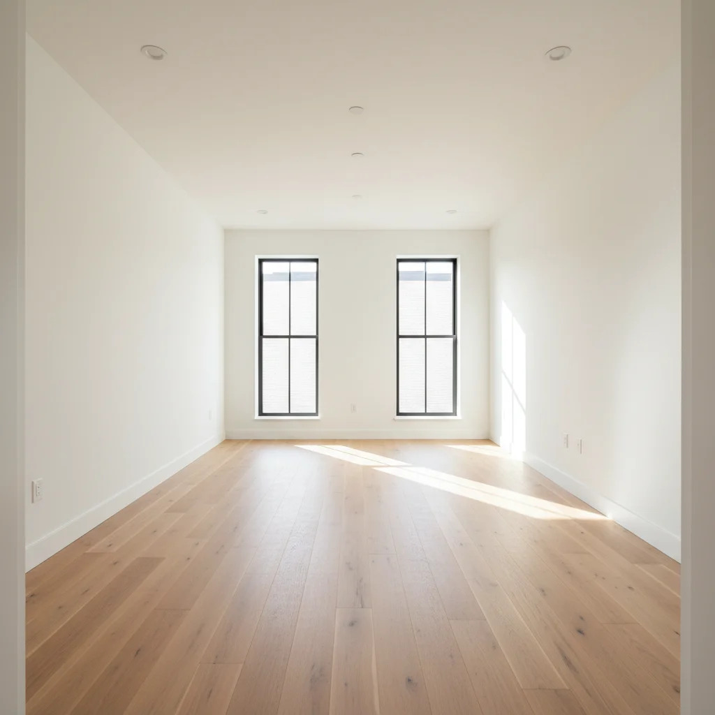 Empty modern living room with white walls and oak floors