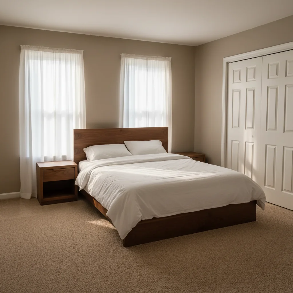 Bedroom staged with walnut bed frame and white bedding