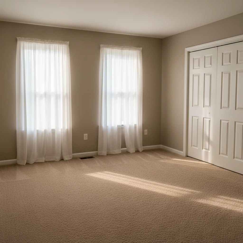 Empty master bedroom with carpet and two windows
