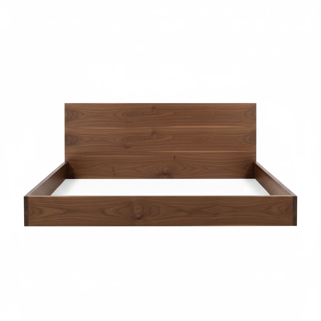 Walnut bed frame on neutral background