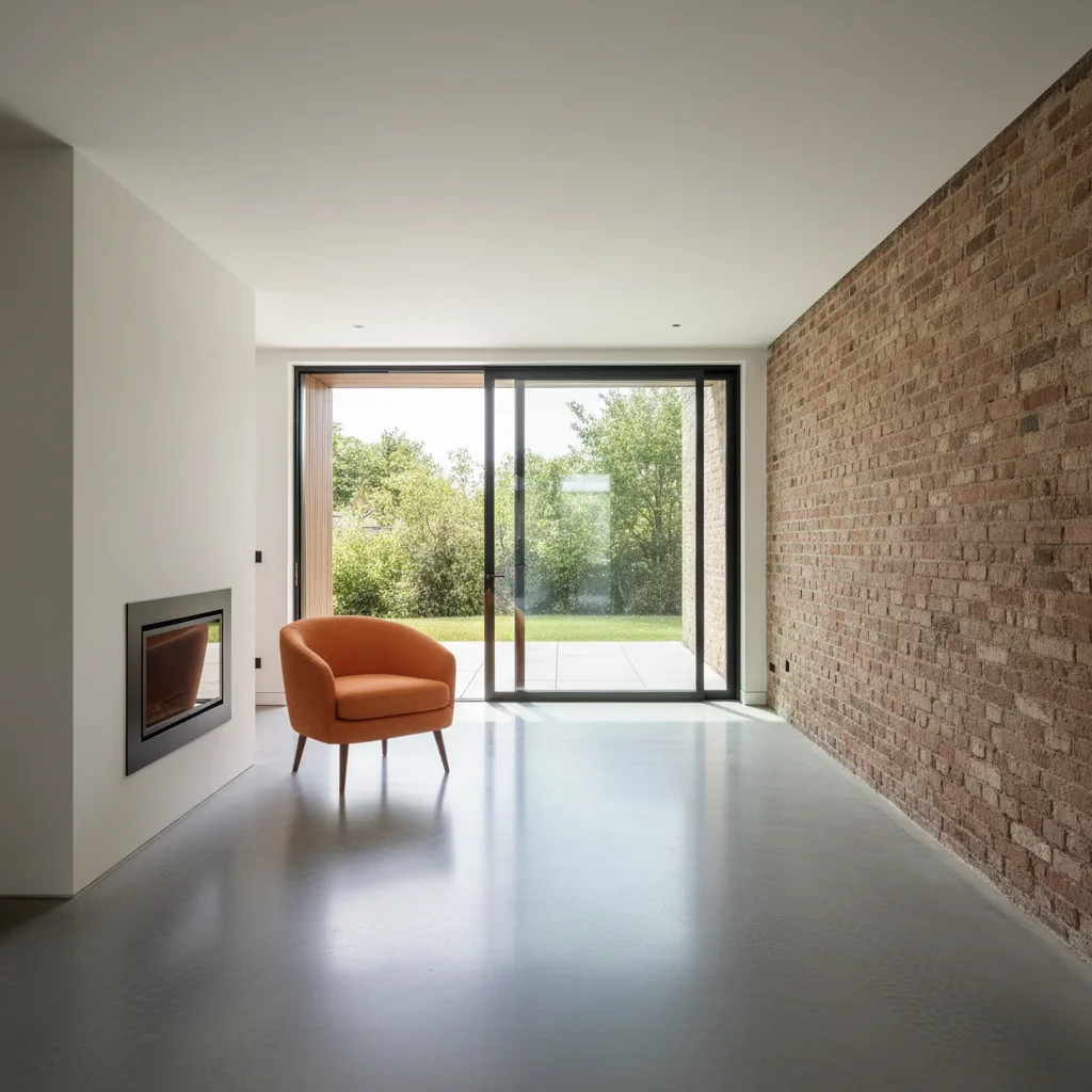 Same space with accent armchair placed beside fireplace