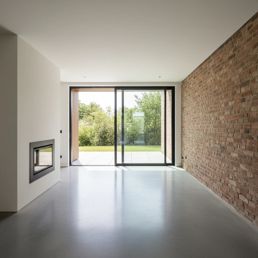Empty open-plan living space with concrete floors and fireplace