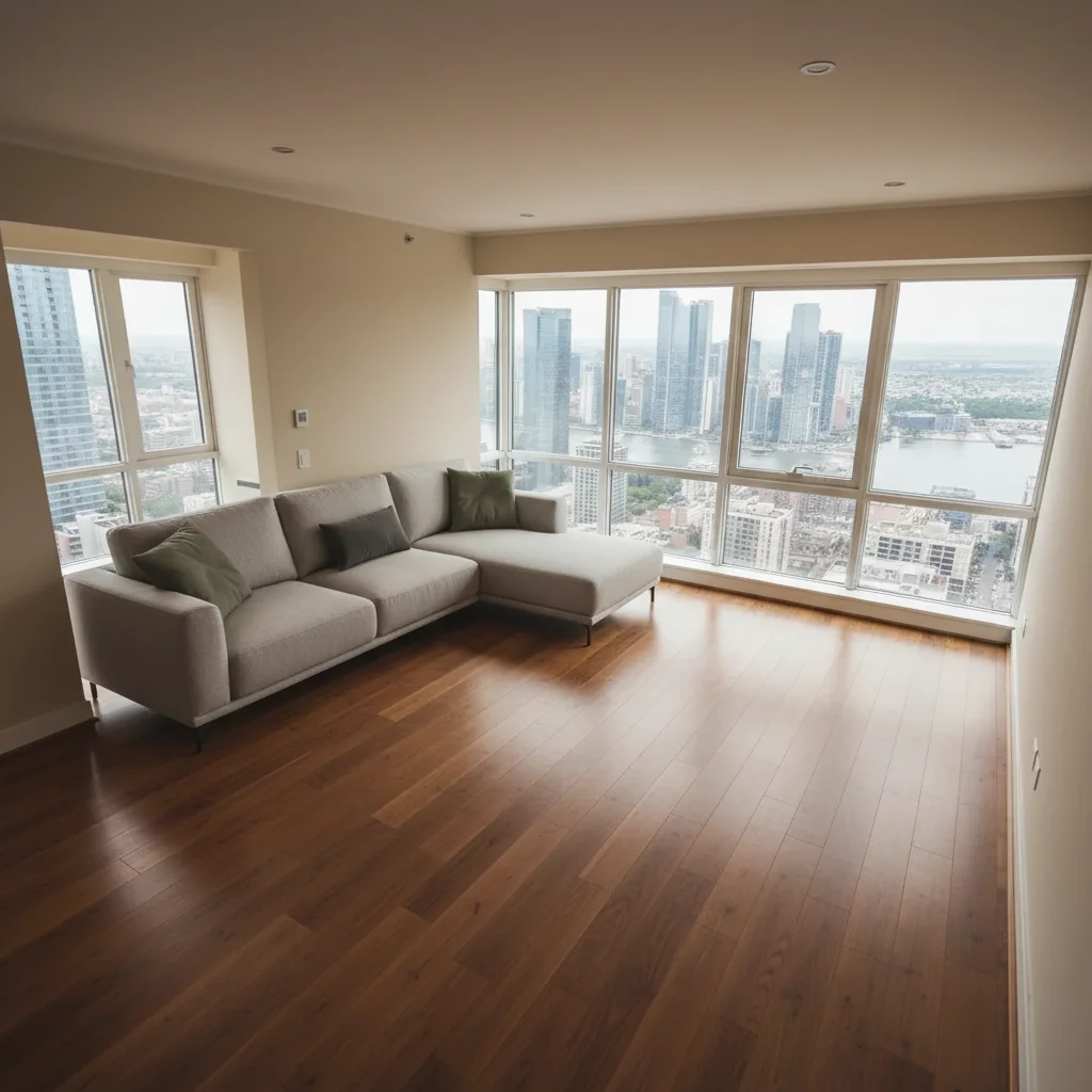Living room photo staged with charcoal sectional by AI