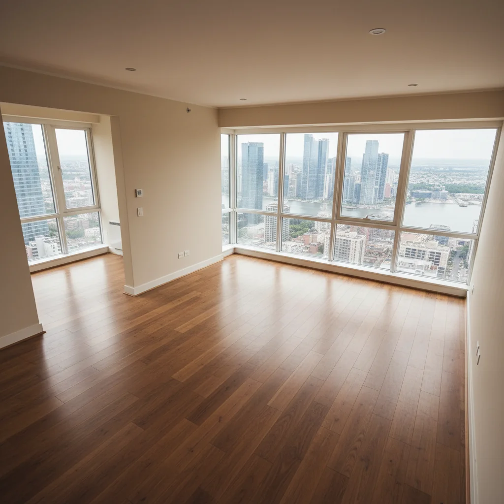 Empty living room photo with large windows and recessed lighting
