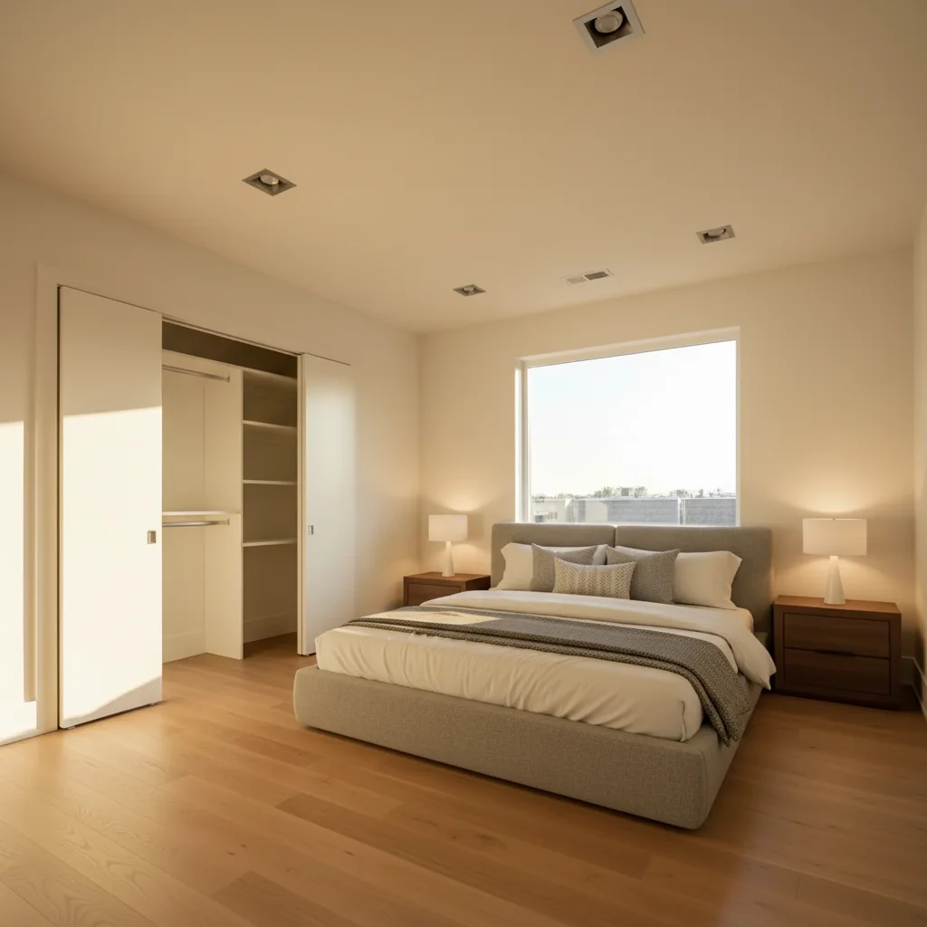 Bedroom staged with upholstered king bed and dark wood nightstands