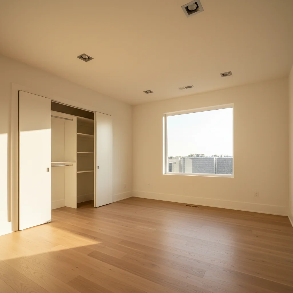 Empty master bedroom room photo with light floors and built-in closet