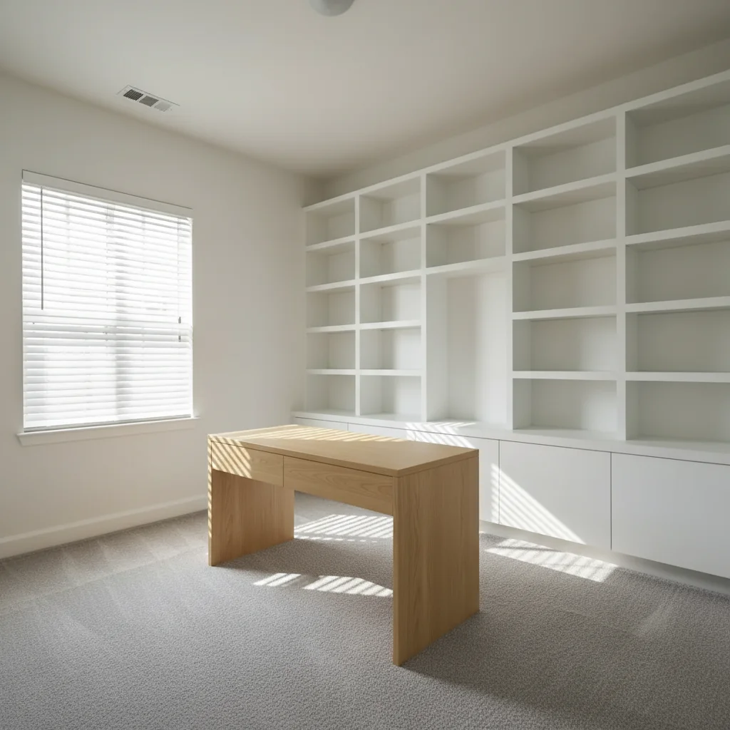 Home office room photo staged with standing desk by AI