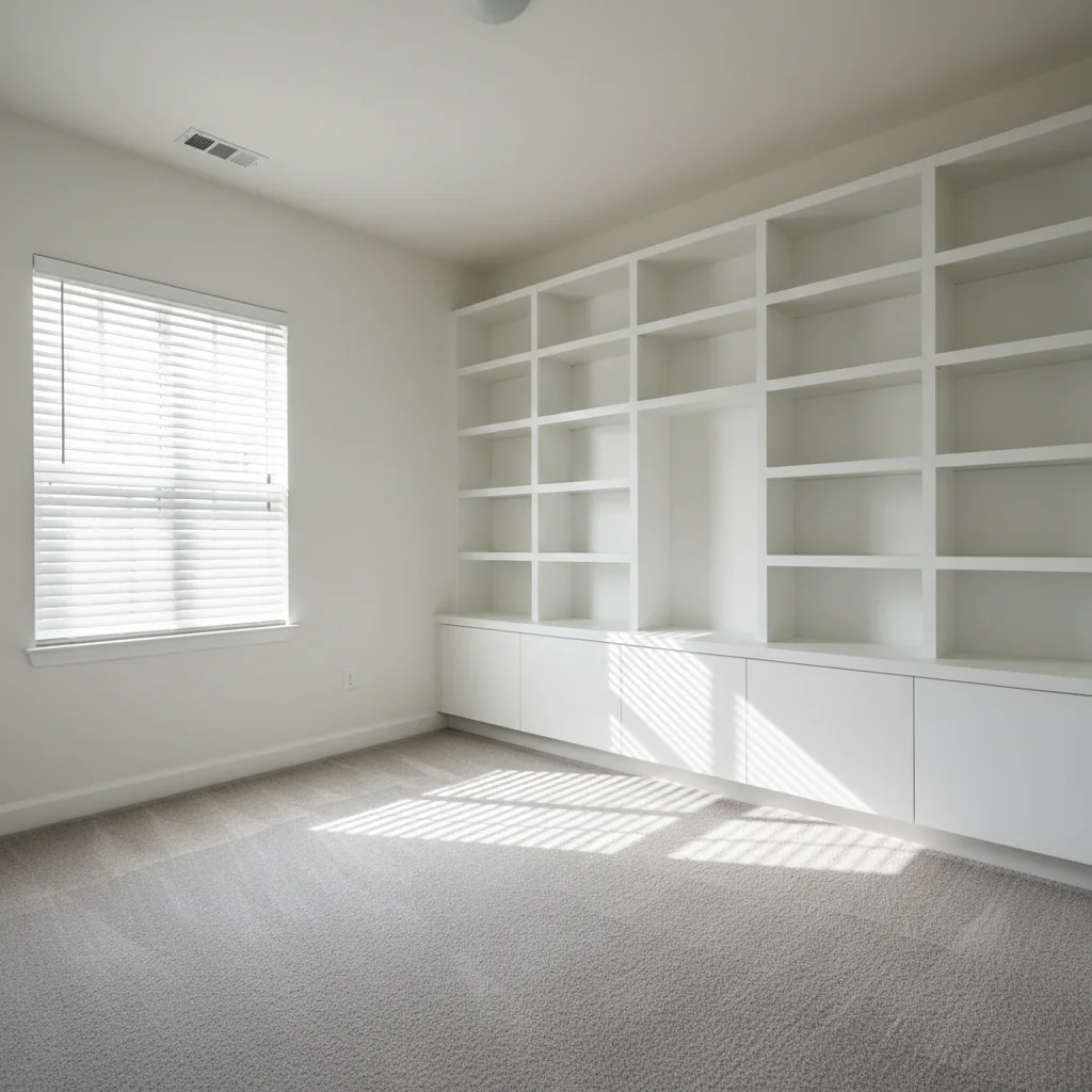 Empty home office room with built-in shelving and window