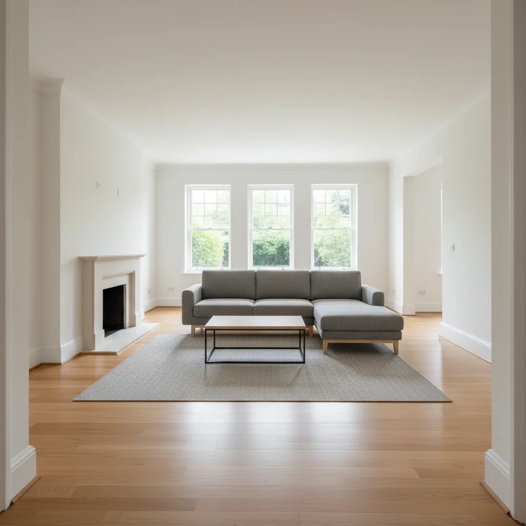 Vacant living room virtually staged with sectional sofa for MLS listing by AI