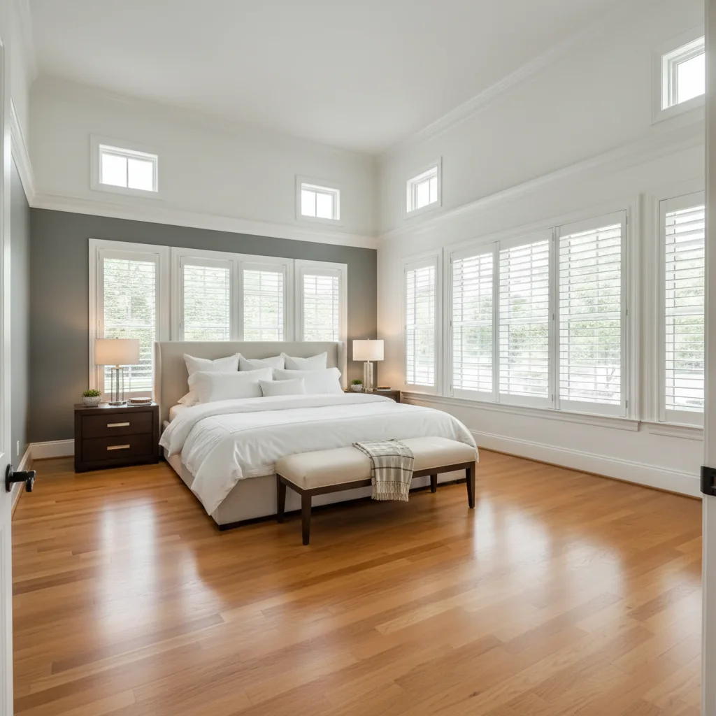 Luxury master bedroom virtually staged with hotel-style bed setup