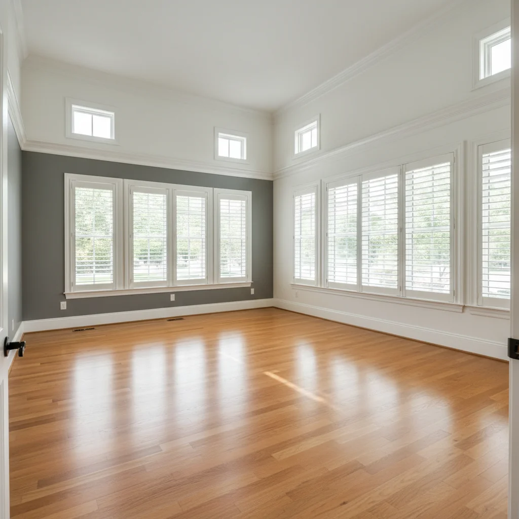 Vacant luxury master bedroom with high ceilings and large windows
