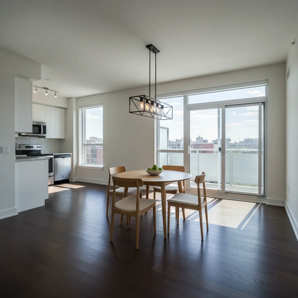 Vacant dining area virtually staged with dining table and chairs for rental listing
