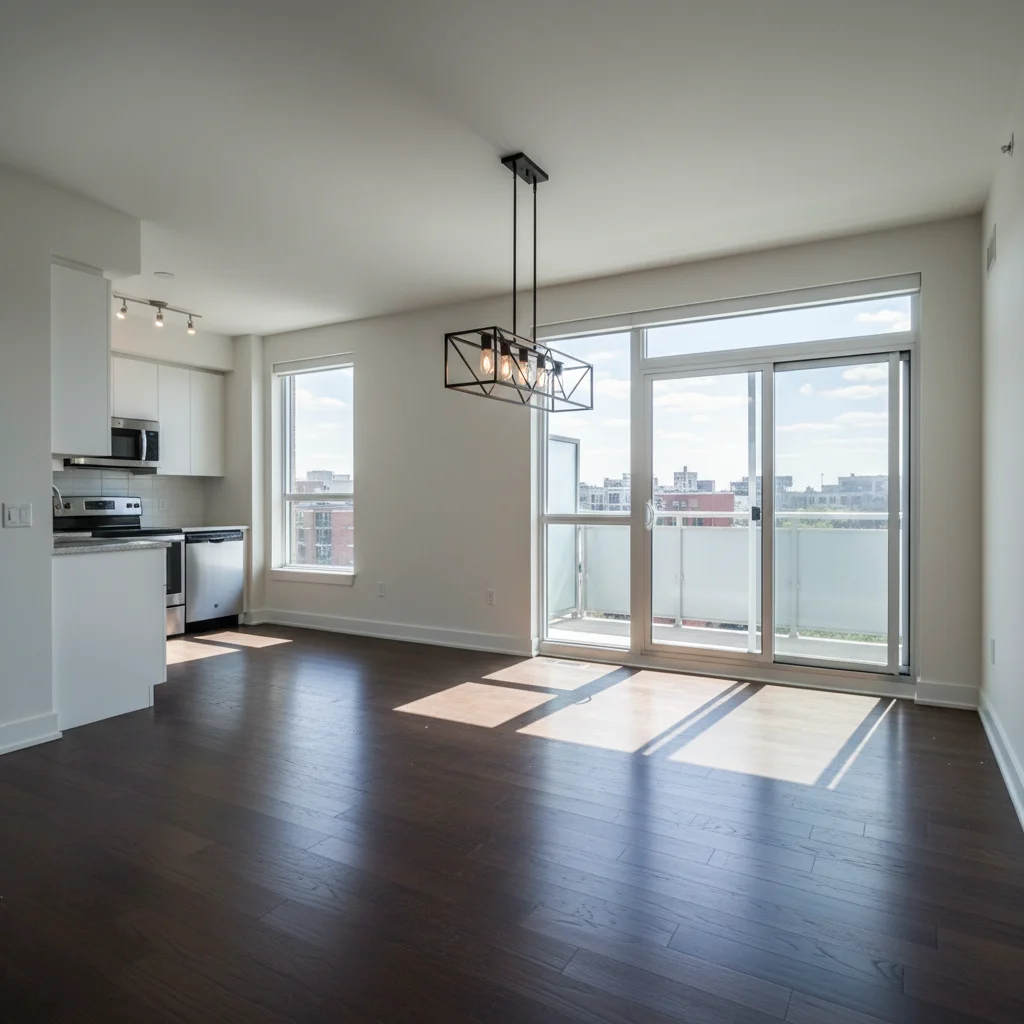 Vacant apartment dining area with dark hardwood floors and balcony doors