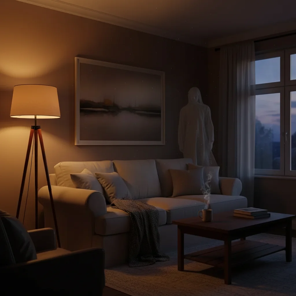 Room with AI-added transparent ghost in corner