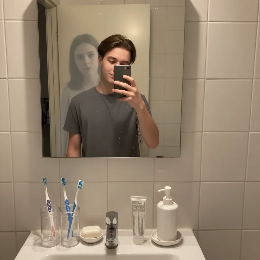 Same bathroom selfie with a pale translucent ghost visible in the mirror reflection behind the subject