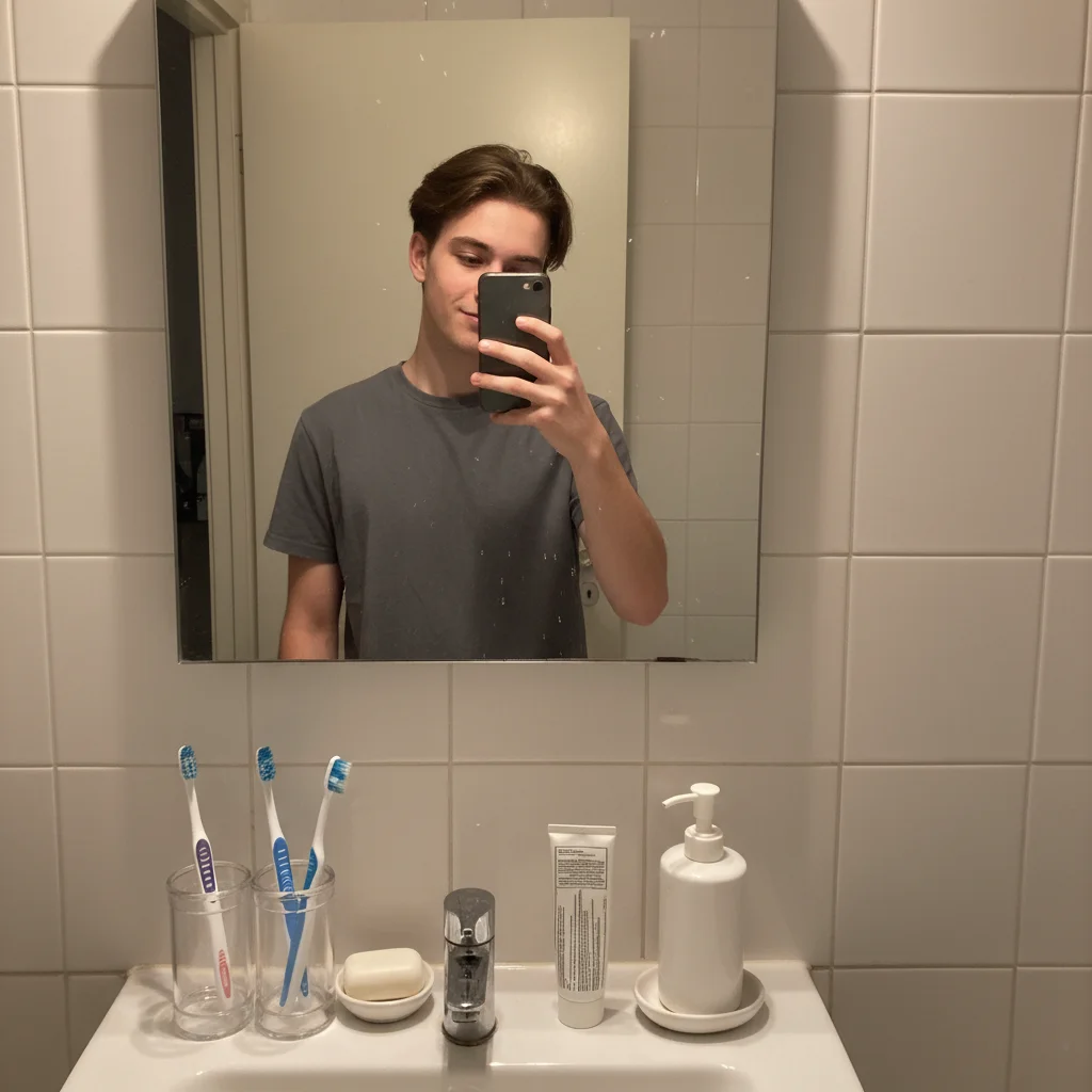 Person taking a bathroom mirror selfie with no unusual elements visible