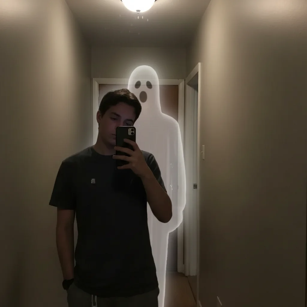Same hallway selfie with a pale translucent ghost visible over the person's right shoulder, staring at the camera