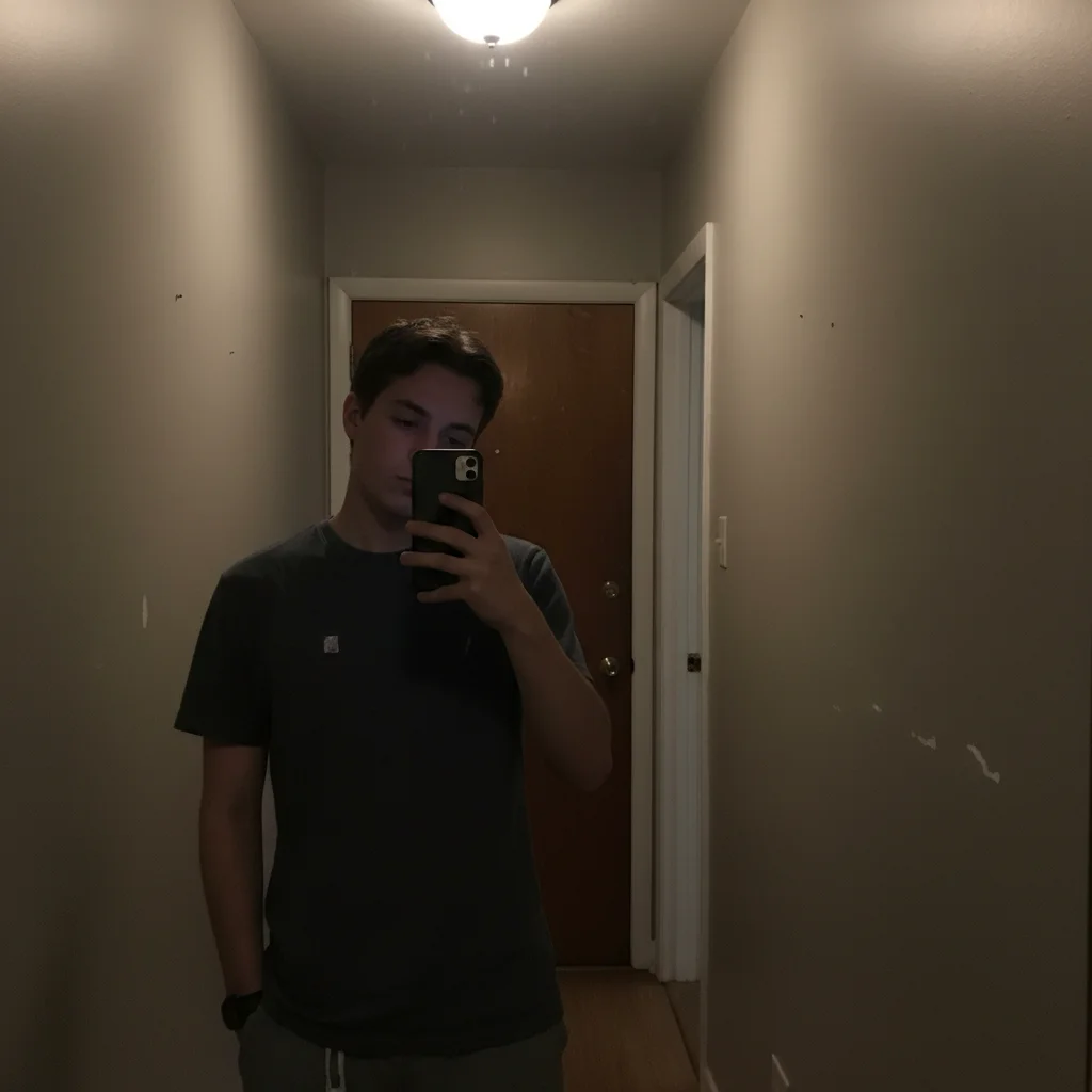 Person taking a selfie in a dim hallway with nothing unusual in the background