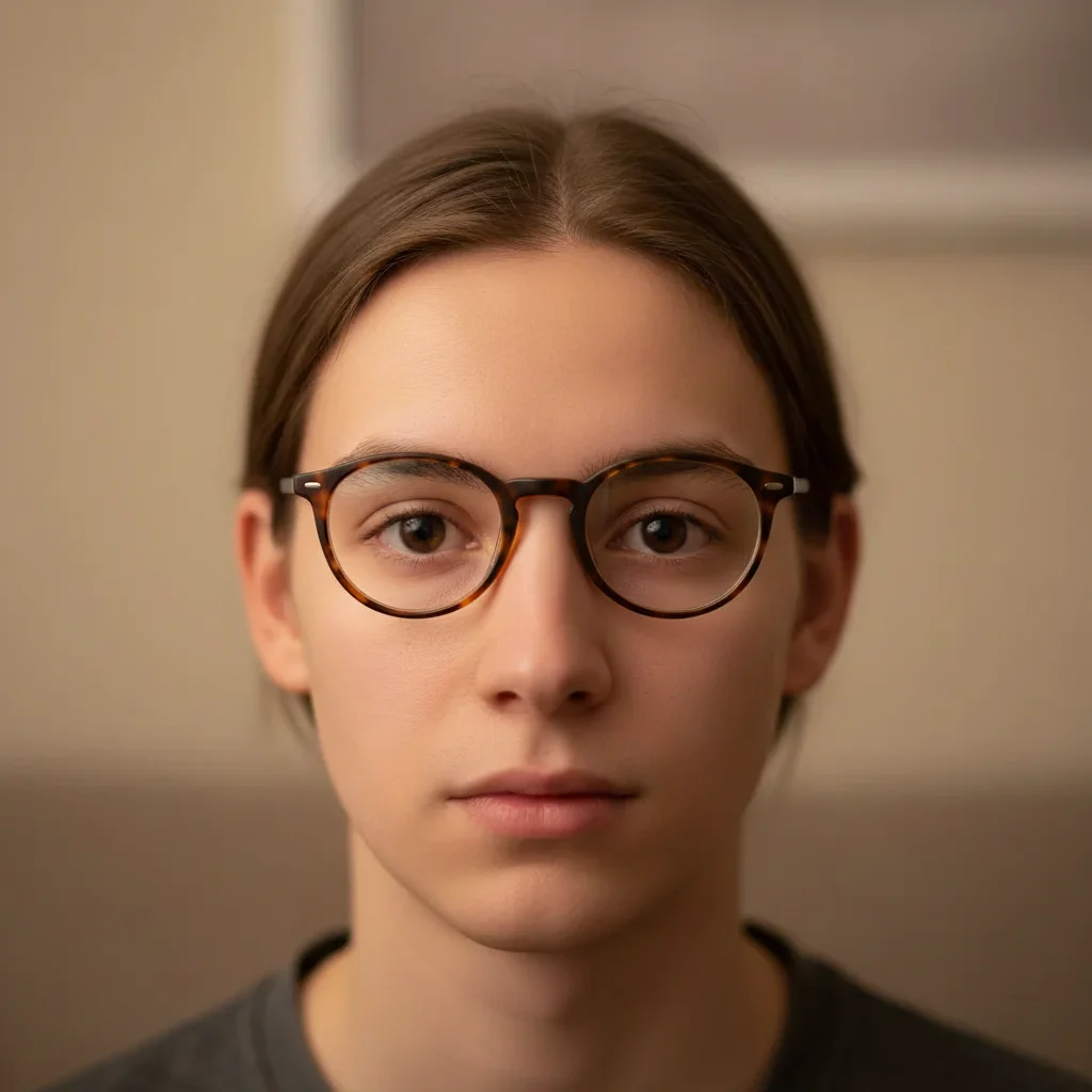 Same portrait now wearing the tortoiseshell glasses