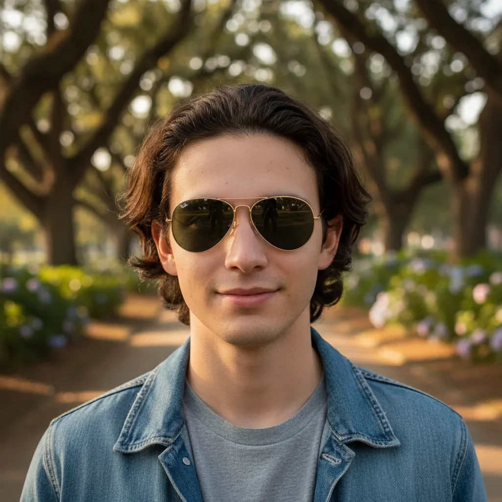 Same portrait with gold aviator sunglasses naturally placed on the face
