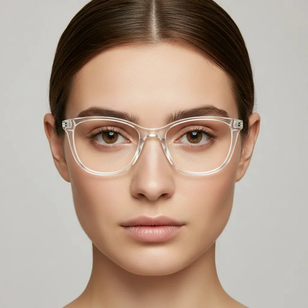 Same model portrait with glasses fitted naturally for an eyewear lifestyle shot