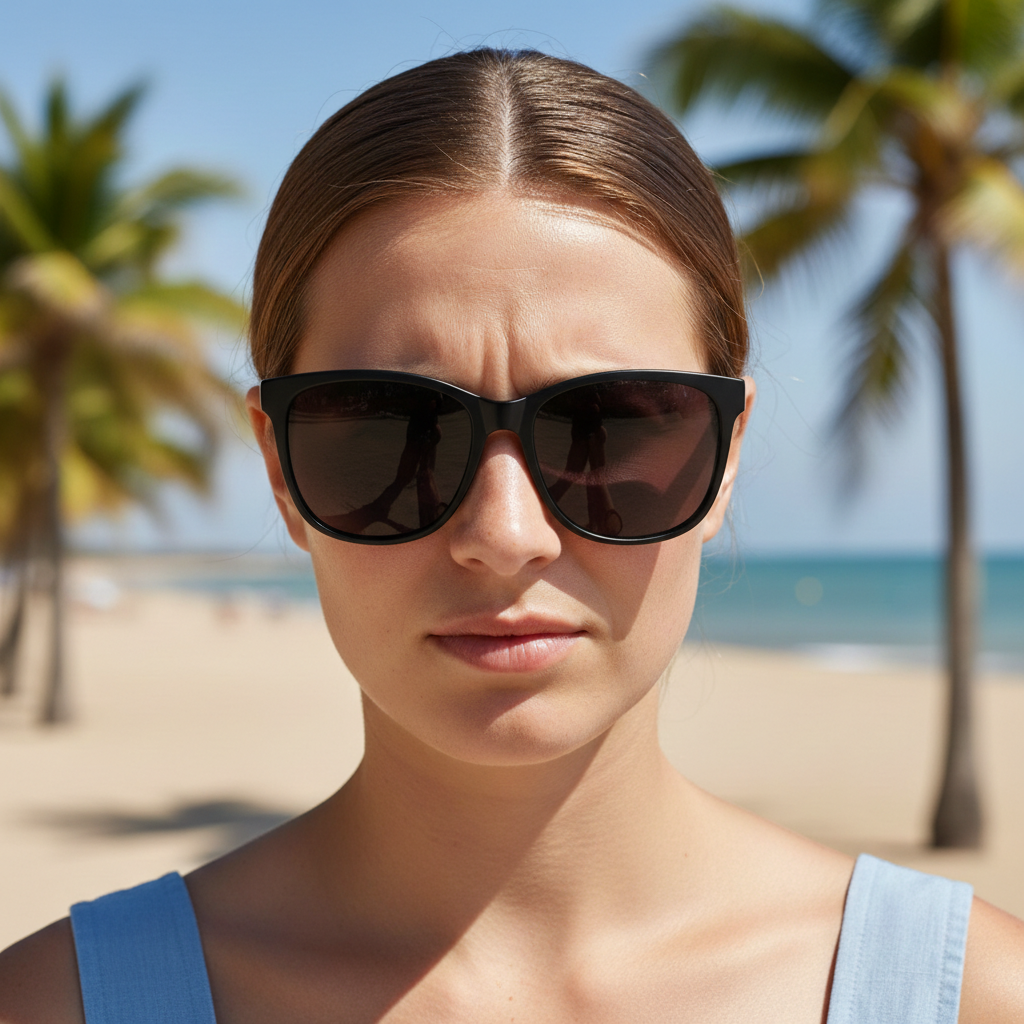 Same woman wearing stylish black wayfarer sunglasses