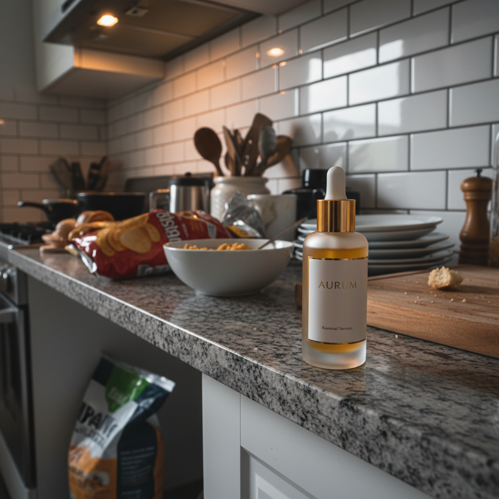 Skincare bottle on messy kitchen counter
